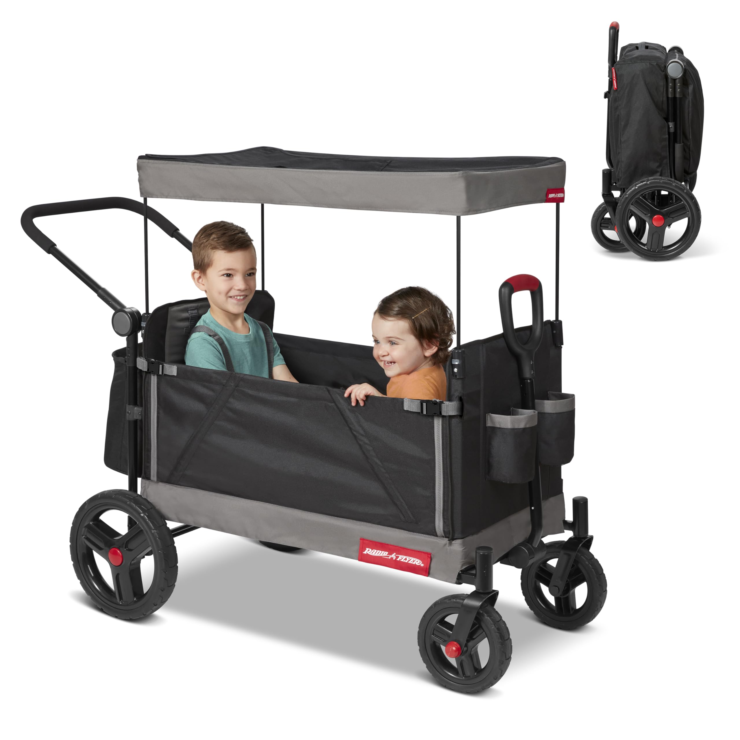 Red Radio Flyer wagon for kids with wheels, convertible toddler stroller and rolling beach cart for children aged 1+ years.