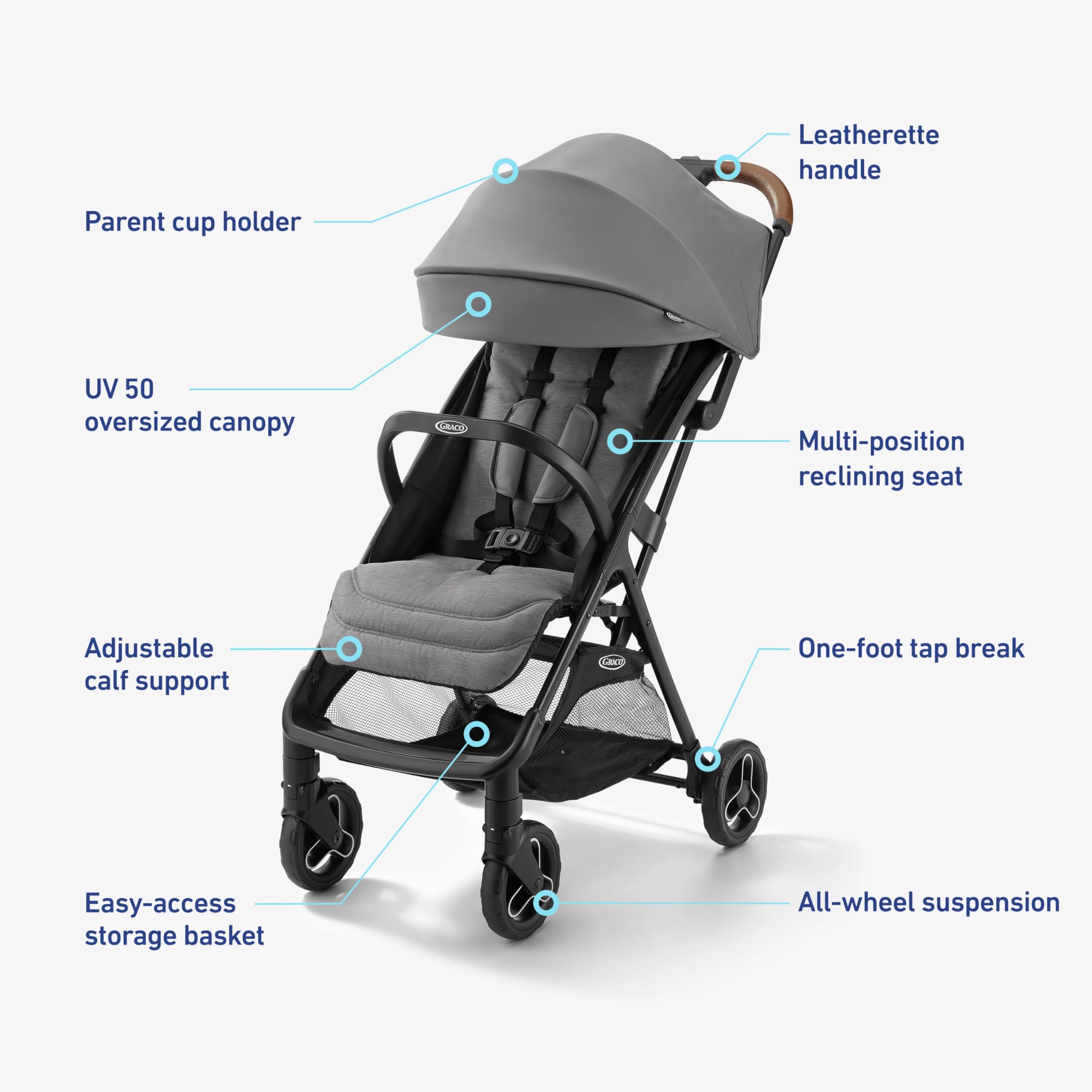 Graco Ready2Jet compact travel stroller with automatic fold, overhead-friendly design, in Kingston color, displayed outdoors