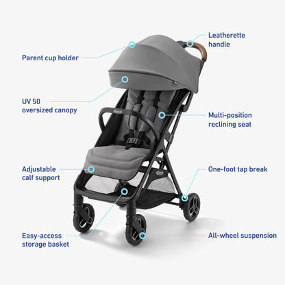 Graco Ready2Jet compact travel stroller with automatic fold, overhead-friendly design, in Kingston color, displayed outdoors