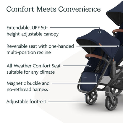 UPPAbaby RumbleSeat V3 second lower seat for Vista V2/V3 in Declan Oat Mélange with silver frame and chestnut leather, shown with adapters.