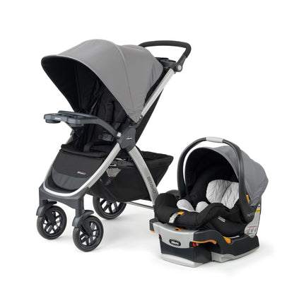 Chicco Bravo 3-in-1 travel system with quick-fold stroller, KeyFit 30 infant car seat, base, and stroller in Camden/Black color.