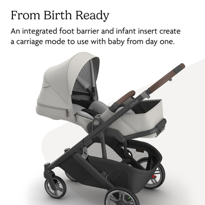 UPPAbaby Cruz V3 stroller in Greyson with reversible seat, infant insert, car seat compatibility, and bug and rain shields.