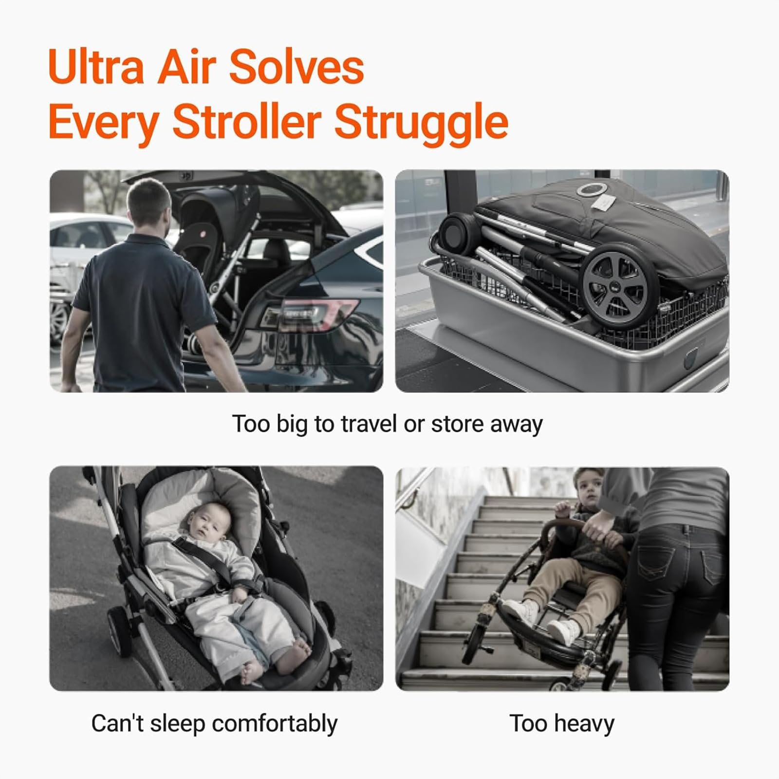 Lightweight MAMAZING Ultra Air baby travel stroller with carbon fiber frame, one-handed fold, suitable for toddlers, airplane-friendly.