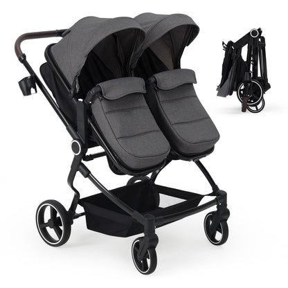 Lightweight double stroller for twins by My Store with reclining seats, adjustable canopy, 5-point harness, and high landscape design.