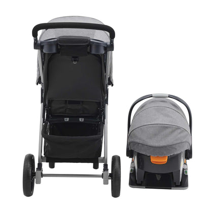 Chicco Bravo 3-in-1 travel system with quick-fold stroller, KeyFit 30 infant car seat, and base in Camden/Black color.