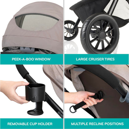 Gray Evenflo Pivot Modular Travel System with LiteMax Preemie and Infant Car Seat, featuring stroller and car seat components.