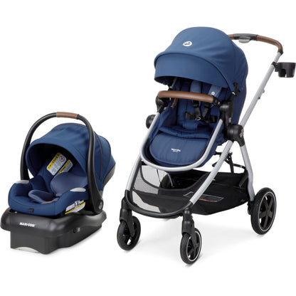 Maxi-Cosi Zelia™ Luxe 5-in-1 modular travel system with stroller and car seat, featuring adjustable components and fabric accents.
