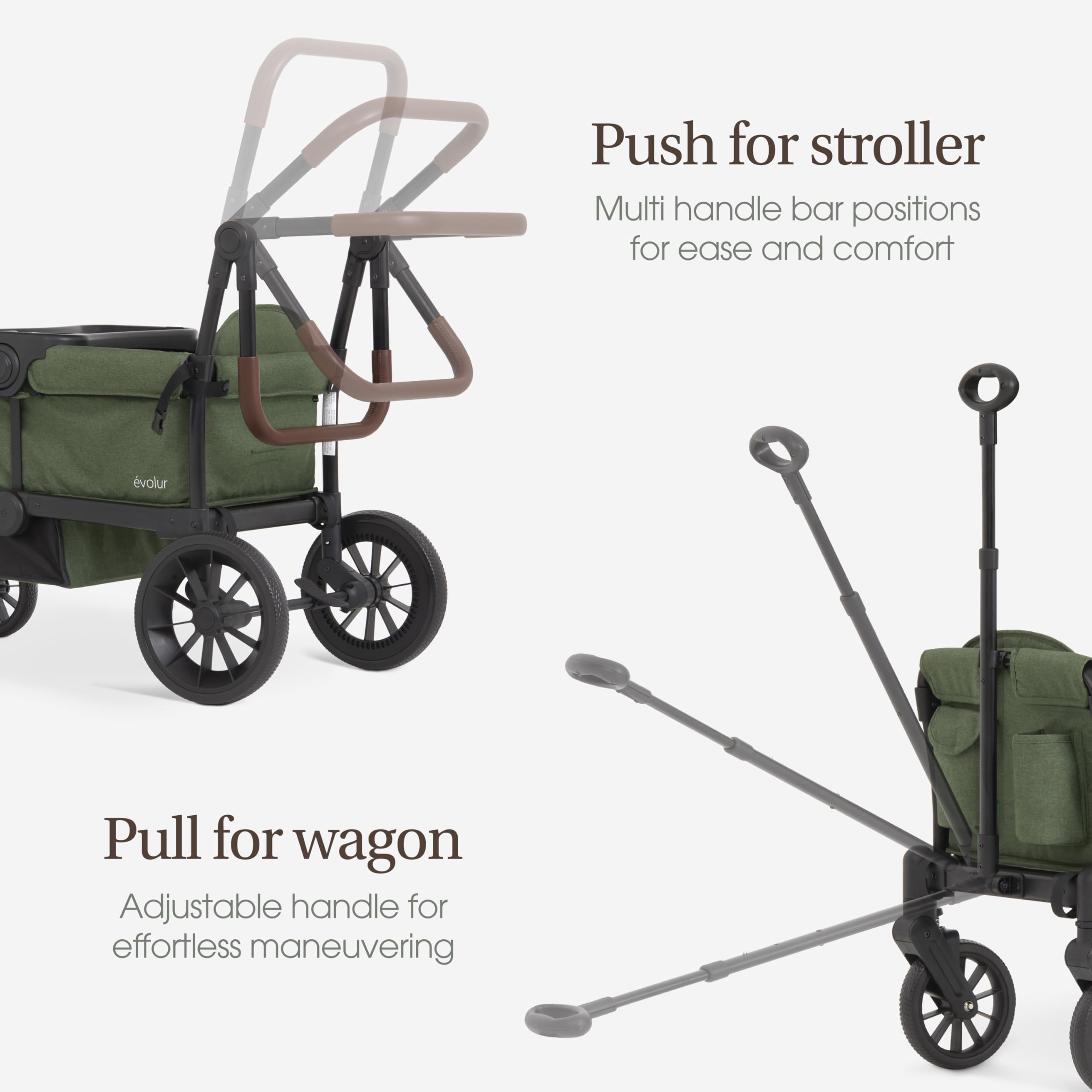 Evolur Trailblazer double stroller in black with all-terrain wheels, foldable design, 5-point harness, removable canopy, and spacious storage.