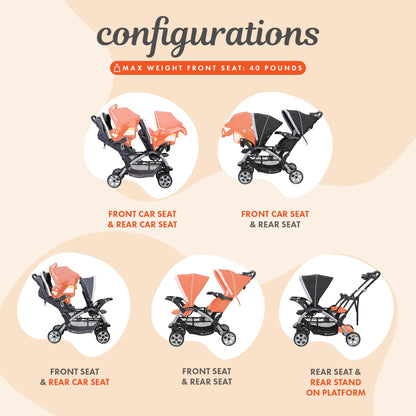 Baby Trend double stroller and car seat combo in Stormy, lightweight tandem travel system with portable design and toddler seating.