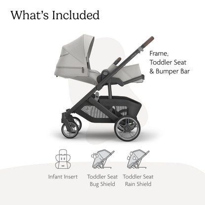 UPPAbaby Cruz V3 stroller in Greyson with reversible seat, infant insert, bug and rain shields, charcoal mélange with saddle leather.