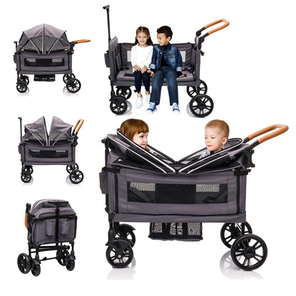Lightweight double wagon stroller for two kids and cargo, with canopy, tray, cup holder, adjustable handle, and 5-point harness.