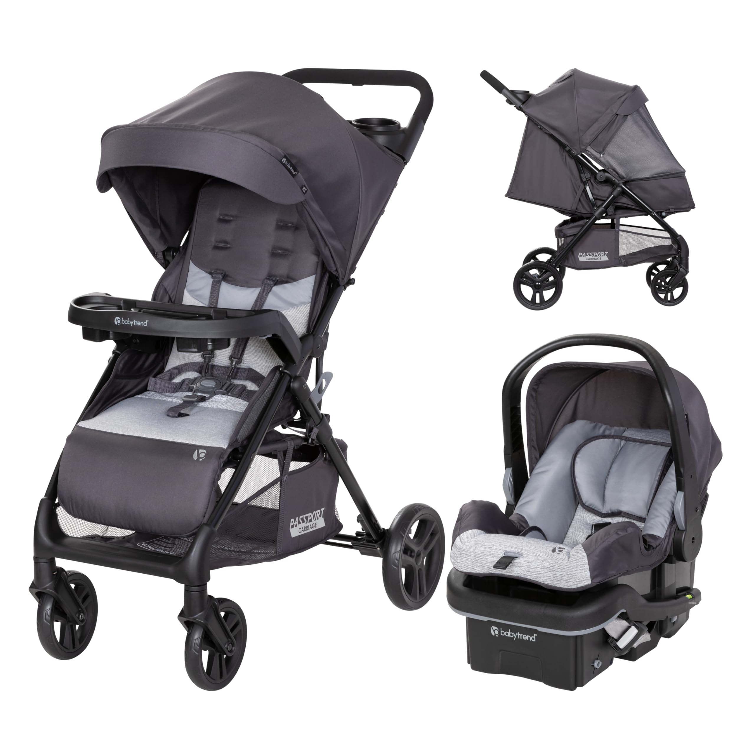 Baby Trend Passport cargo stroller with EZ-Lift infant car seat in pink bamboo, featuring adjustable handle and storage basket.
