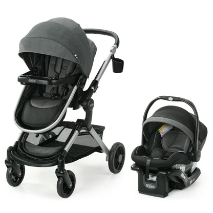 Graco Modes Nest 3-in-1 travel system with infant car seat and stroller, featuring adjustable carrier and toddler stroller in Sullivan color