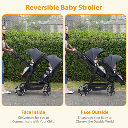 My Store double tandem stroller with foldable design, reversible seats, safety harness, adjustable backrests, canopy, and storage basket.