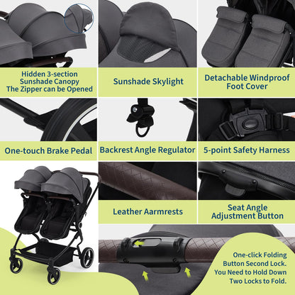Pink double stroller for newborn and toddler with adjustable recline, canopy, parent cup holders, lightweight fold, for twins or siblings.