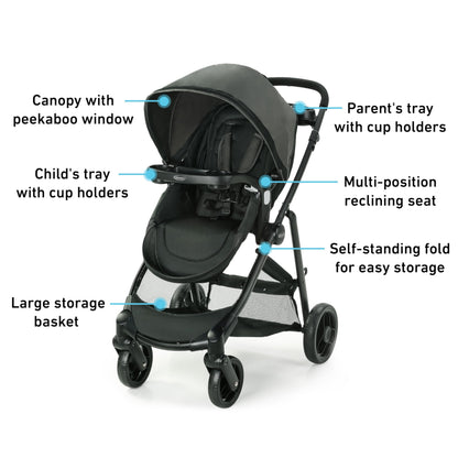 Gray Graco Modes Element travel system with stroller and infant car seat, featuring adjustable canopy and storage basket.