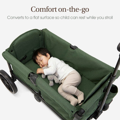 Evolur Trailblazer double wagon stroller in black with all-terrain wheels, foldable canopy, 5-point harness, and spacious storage.