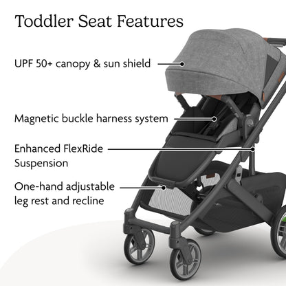 UPPAbaby Cruz V3 stroller in Greyson with reversible seat, infant insert, bug and rain shields, compatible with car seat, charcoal mélange