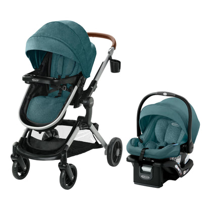 Graco Modes Nest travel system with SnugRide DLX infant car seat, modular stroller, and adjustable slide-in infant carrier.