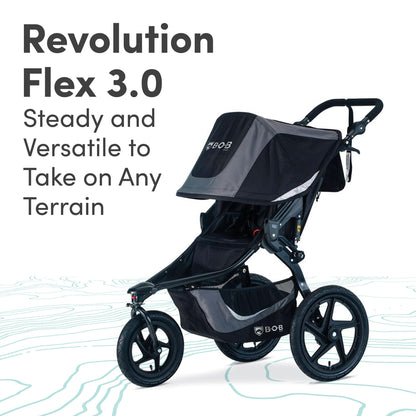 My Store BOB Revolution Flex 3.0 Duallie jogging stroller in Graphite Black, featuring sturdy double stroller design and adjustable handlebars.