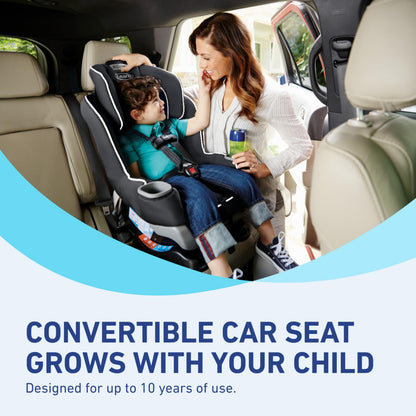 Graco Extend2Fit convertible baby car seat in Gotham color showing adjustable extension panel for extra legroom, rear and forward facing.