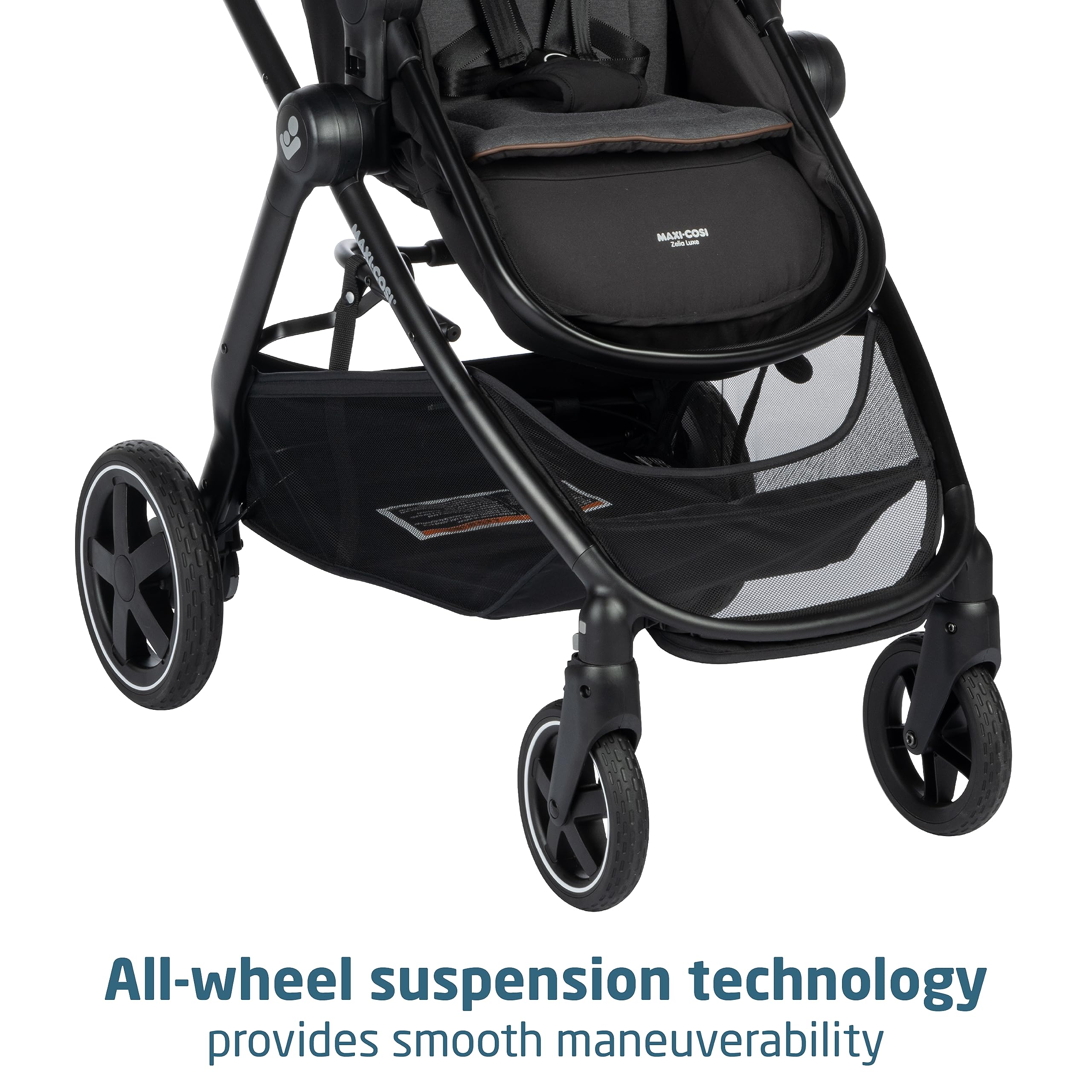 Maxi-Cosi Zelia Luxe 5-in-1 modular travel system with stroller, car seat, and accessories for infants and toddlers.