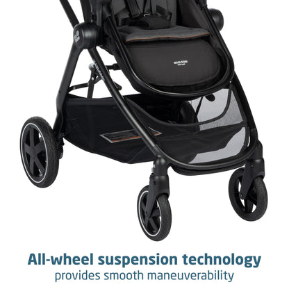 Maxi-Cosi Zelia Luxe 5-in-1 modular travel system with stroller, car seat, and accessories for infants and toddlers.