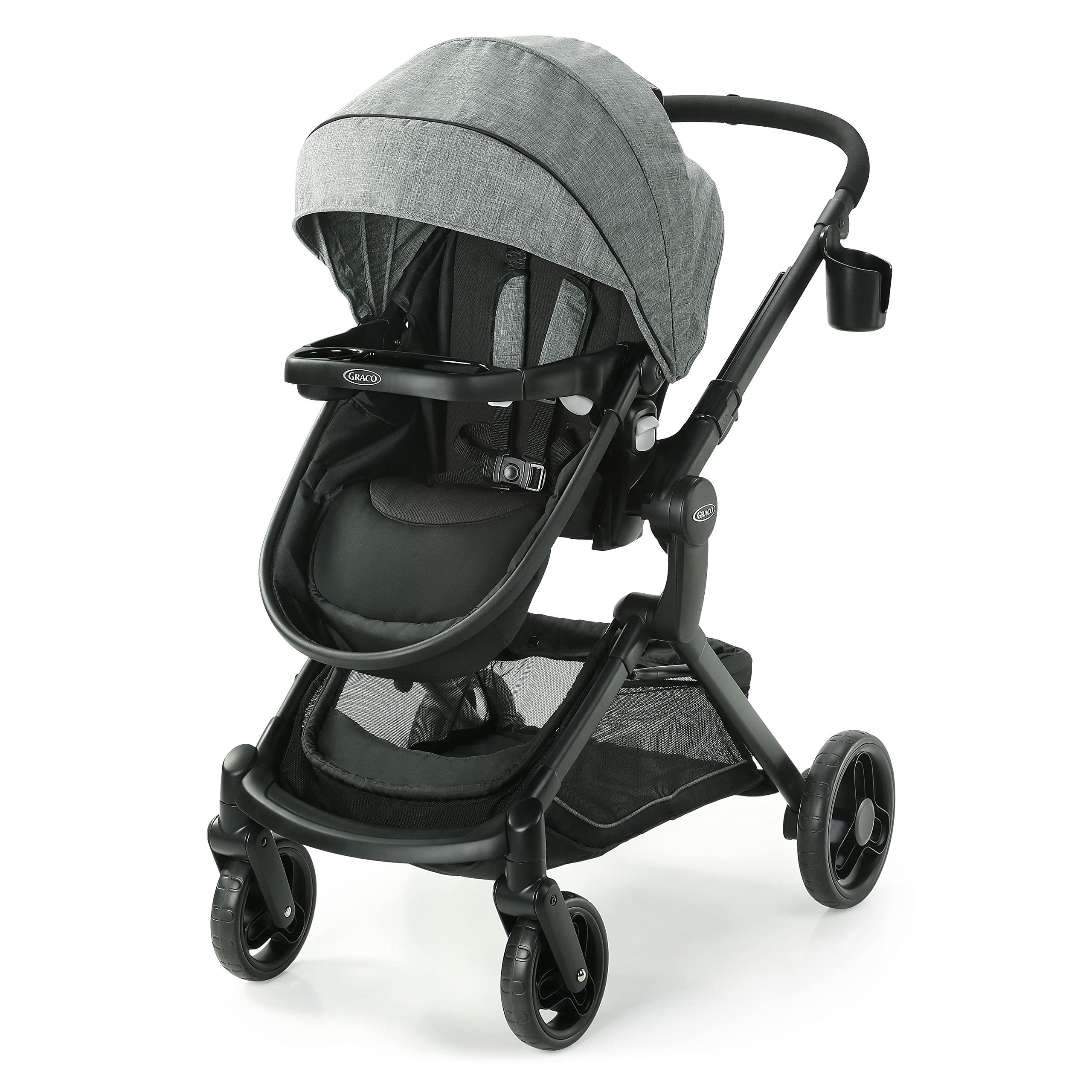 Graco Modes Nest travel system with 3-in-1 stroller, SnugRide DLX infant car seat, adjustable carrier, and toddler stroller.