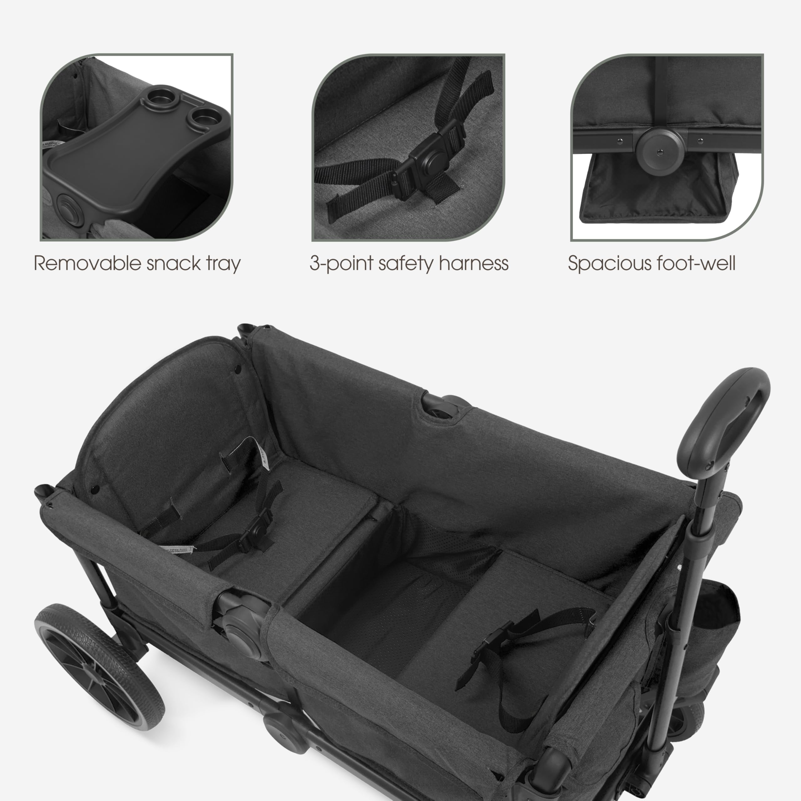 Evolur Trailblazer double stroller wagon in black with all-terrain wheels, foldable design, 5-point harness, removable canopy, and spacious storage.