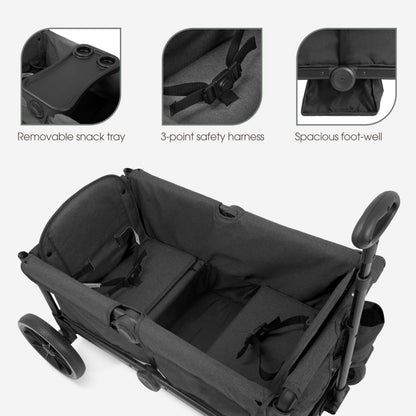 Evolur Trailblazer double stroller wagon in black with all-terrain wheels, foldable design, 5-point harness, removable canopy, and spacious storage.