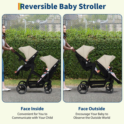 My Store double tandem stroller with reversible seats, adjustable backrests, canopy, 5-point harness, and storage basket.
