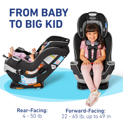 Graco Extend2Fit convertible baby car seat in Gotham, rear and forward facing with adjustable extension panel for extra legroom.