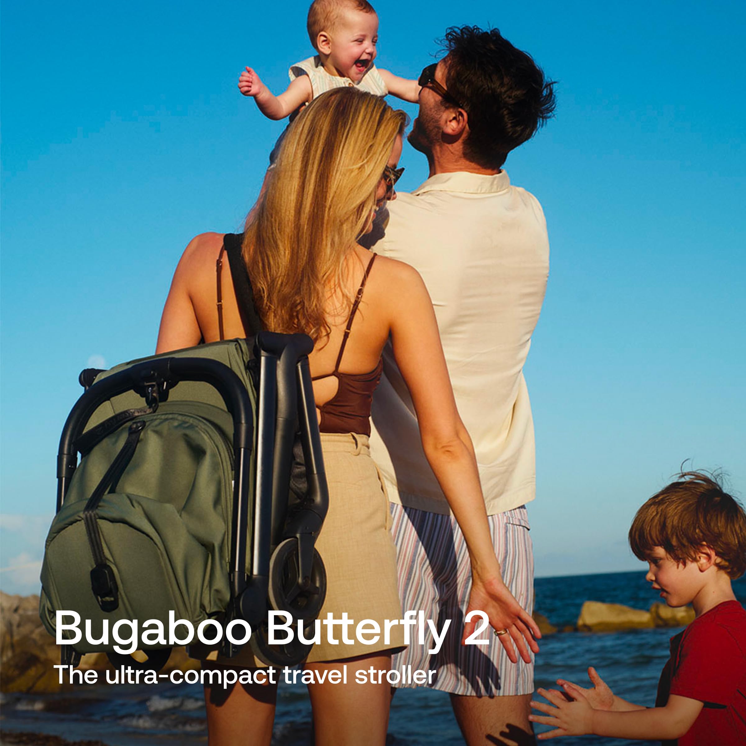 Black Bugaboo Butterfly 2 travel stroller folded compactly, lightweight design, suitable for airplane travel, with sleek black fabric.