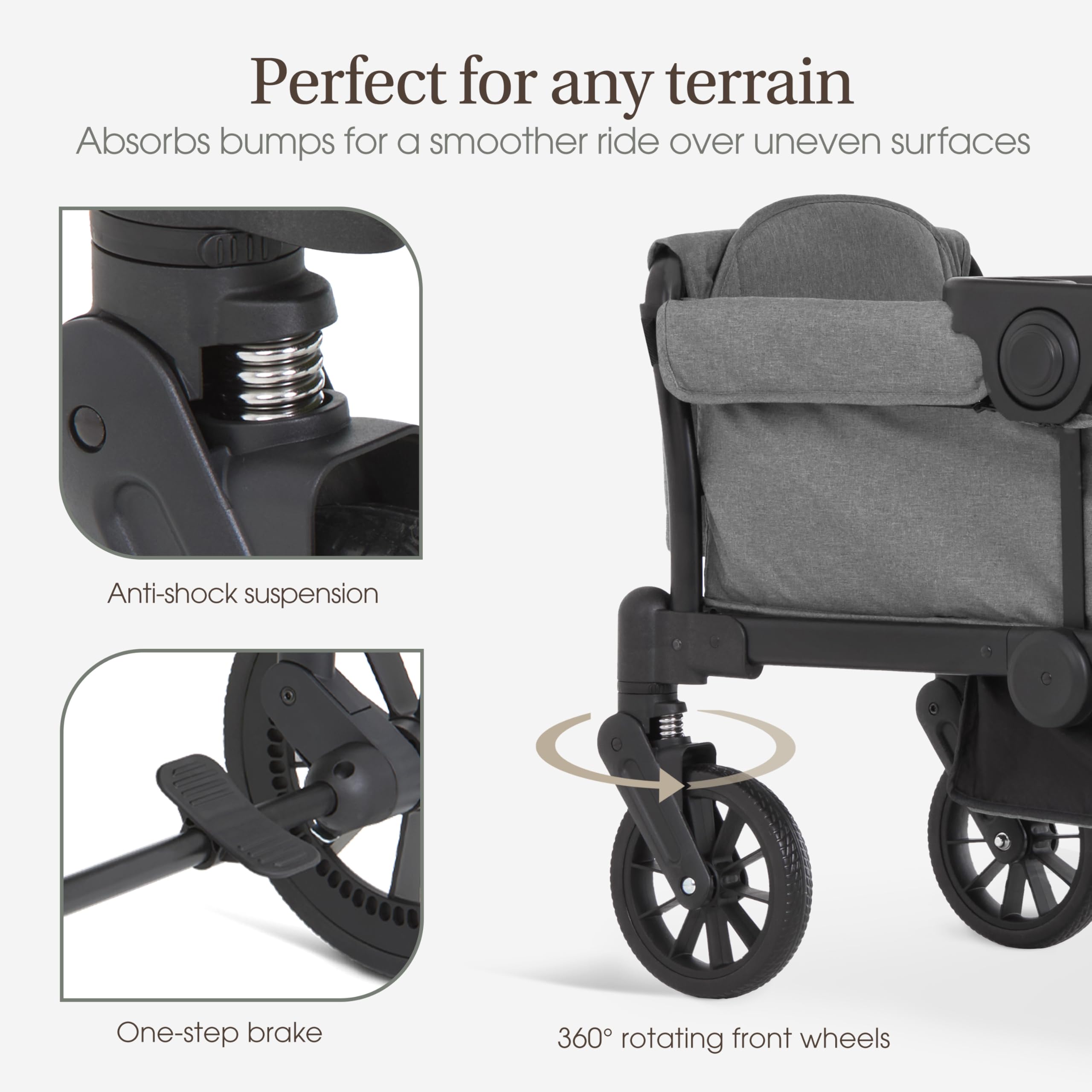 Evolur Trailblazer double stroller in black with all-terrain wheels, foldable design, 5-point harness, removable canopy, and spacious storage.