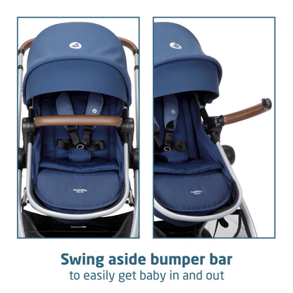 Maxi-Cosi Zelia Luxe 5-in-1 modular travel system with stroller and car seat, designed for versatile family travel.