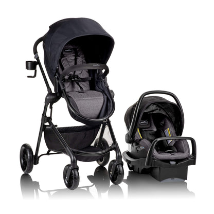 Evenflo Pivot Modular Travel System with SafeMax Car Seat, stroller with adjustable seating and safety features for infants and toddlers.