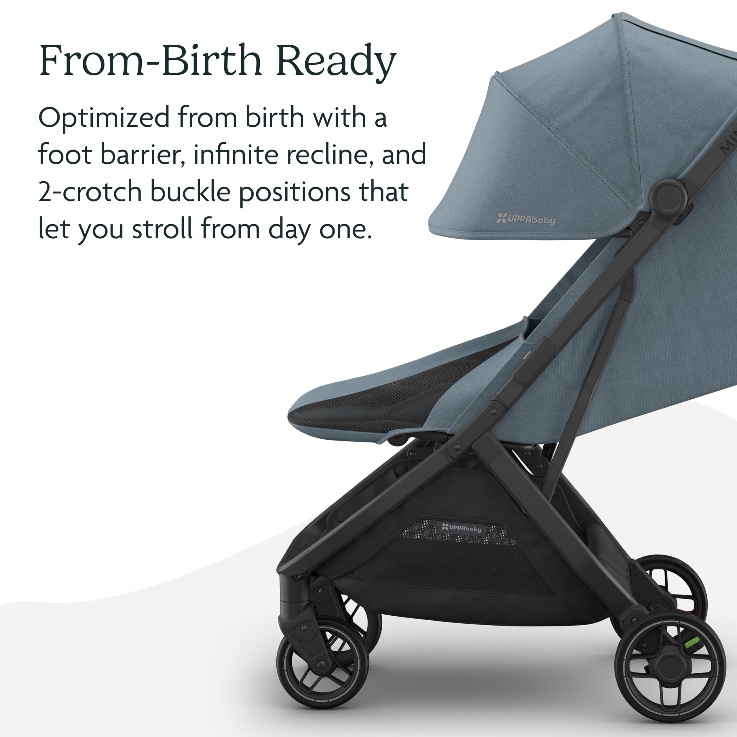 UPPAbaby Minu V3 lightweight travel stroller in Greyson color, featuring a compact design, one-hand fold, and charcoal frame.