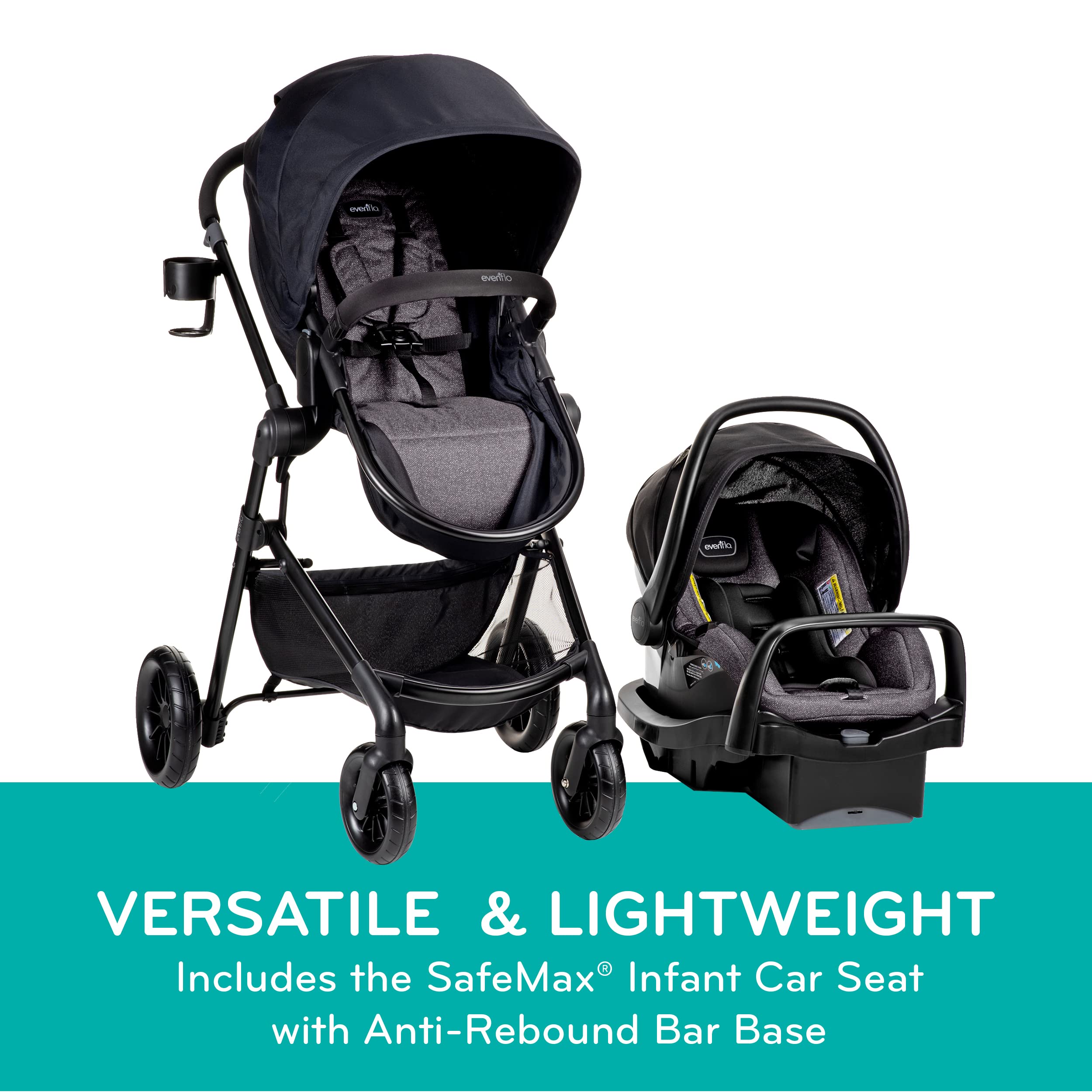 Evenflo Pivot Modular Travel System with SafeMax Car Seat, stroller with adjustable seat and car seat for infants and toddlers.