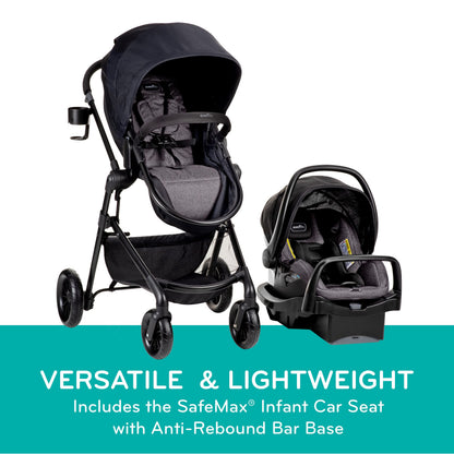Evenflo Pivot Modular Travel System with SafeMax Car Seat, stroller with adjustable seat and car seat for infants and toddlers.