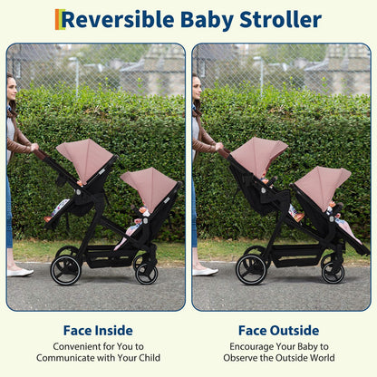 Double tandem stroller for newborn and toddler, foldable twin pushchair with reversible seats, safety harness, adjustable backrests, canopy.