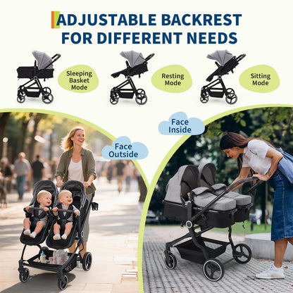 Lightweight twin double stroller by My Store with reclining seats, adjustable canopies, 5-point harness, and high landscape design.