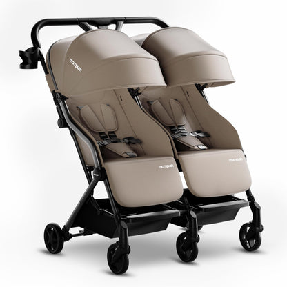 Mompush Lithe double stroller with spacious seats, recline feature, lightweight frame, easy fold, and UPF50+ canopy for newborns and toddlers.
