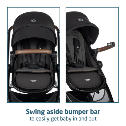 Maxi-Cosi Zelia Luxe 5-in-1 modular travel system with stroller, car seat, and accessories for versatile baby transport.