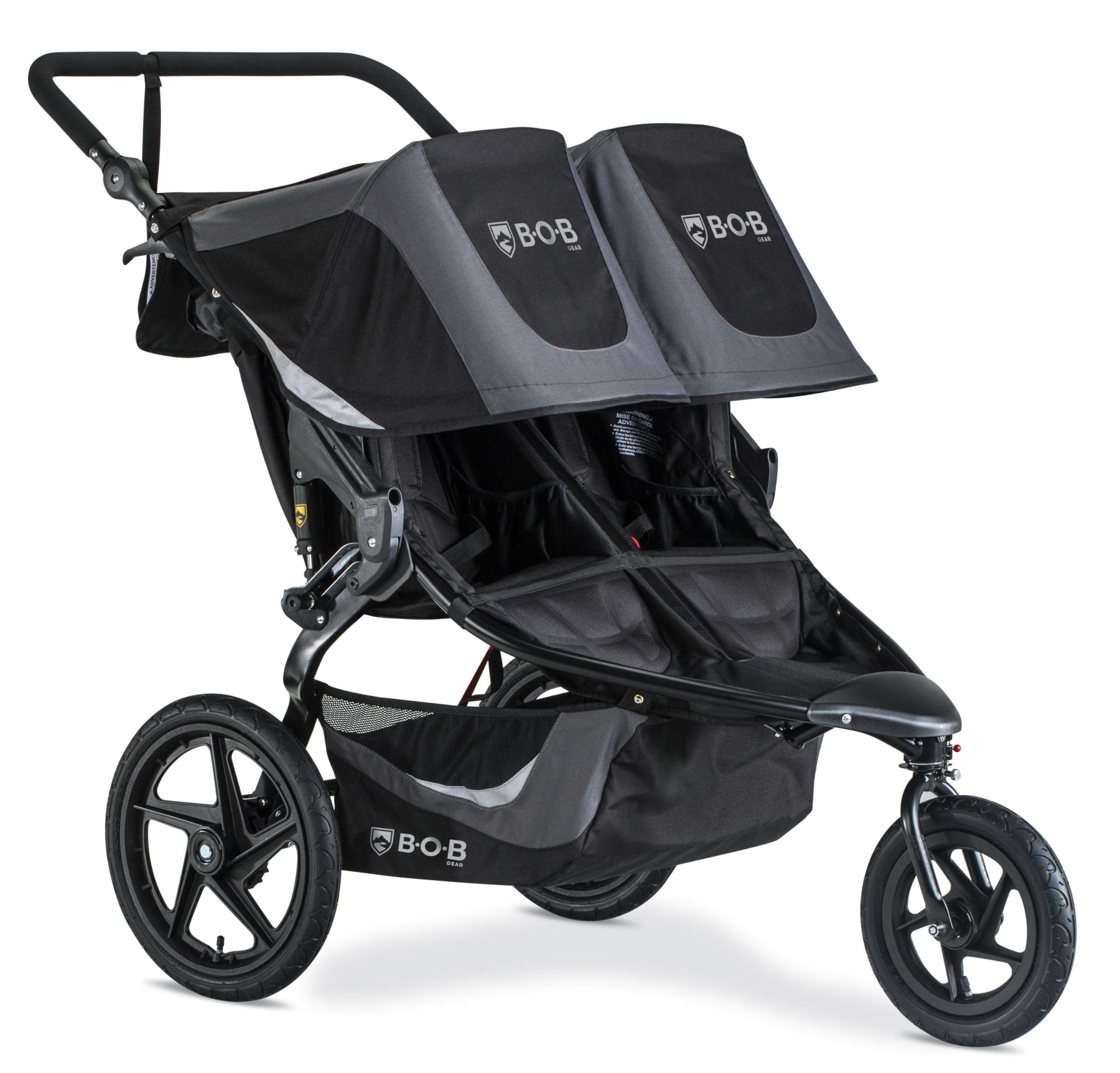 My Store BOB Gear Revolution Flex 3.0 Duallie jogging stroller in graphite black, showing the double stroller with adjustable handlebars.
