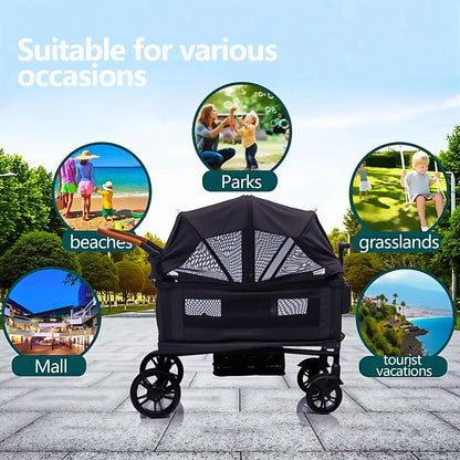 Luxury wagon stroller for 2 kids and cargo, lightweight foldable double travel stroller with canopy, tray, cup holder, and adjustable handle.