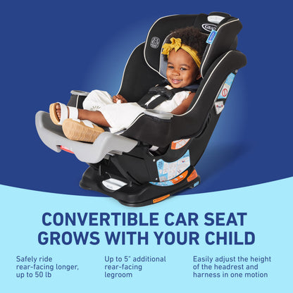 Graco Extend2Fit convertible baby car seat in Gotham color showing adjustable extension panel for extra legroom, rear and forward facing.