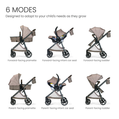 Britax Phases travel system with Arbor infant car seat, stroller, and parent organizer in Raven Black, featuring DuoConnect and Pramette mode