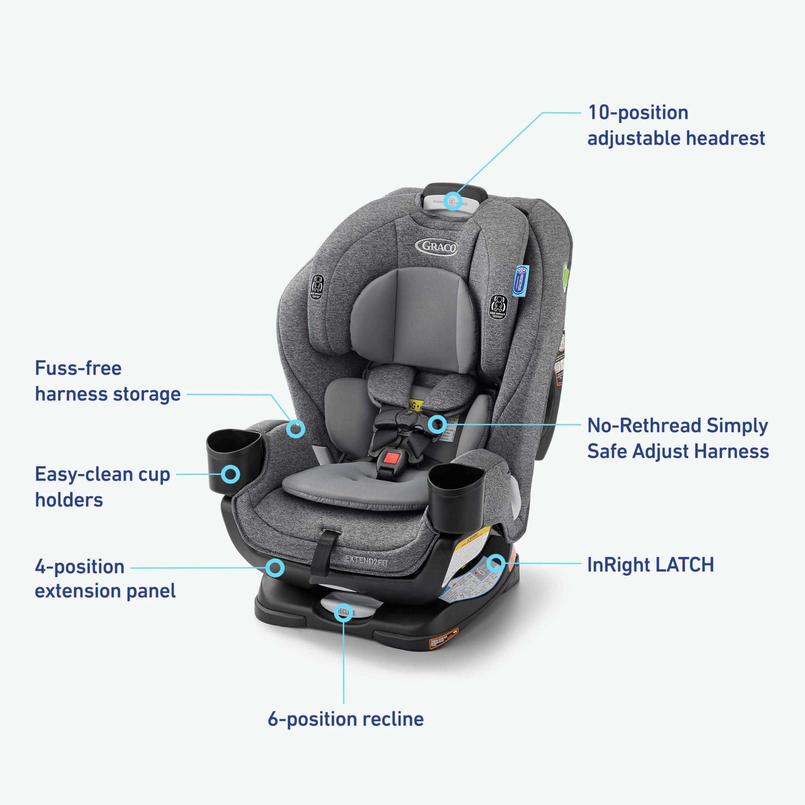 Graco Extend2Fit convertible baby car seat in Gotham color with adjustable extension panel for extra legroom, rear and forward facing.