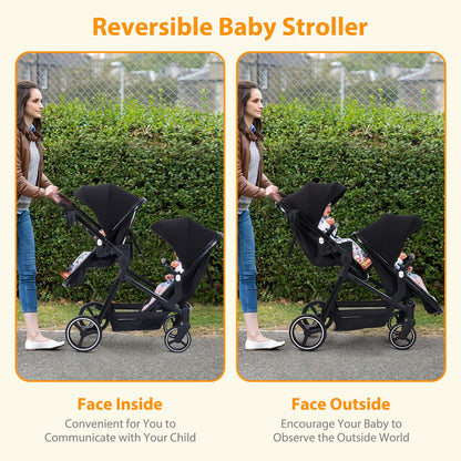 Black tandem stroller with reversible seats, adjustable canopies, large storage basket, and one-hand fold for twins and newborns.