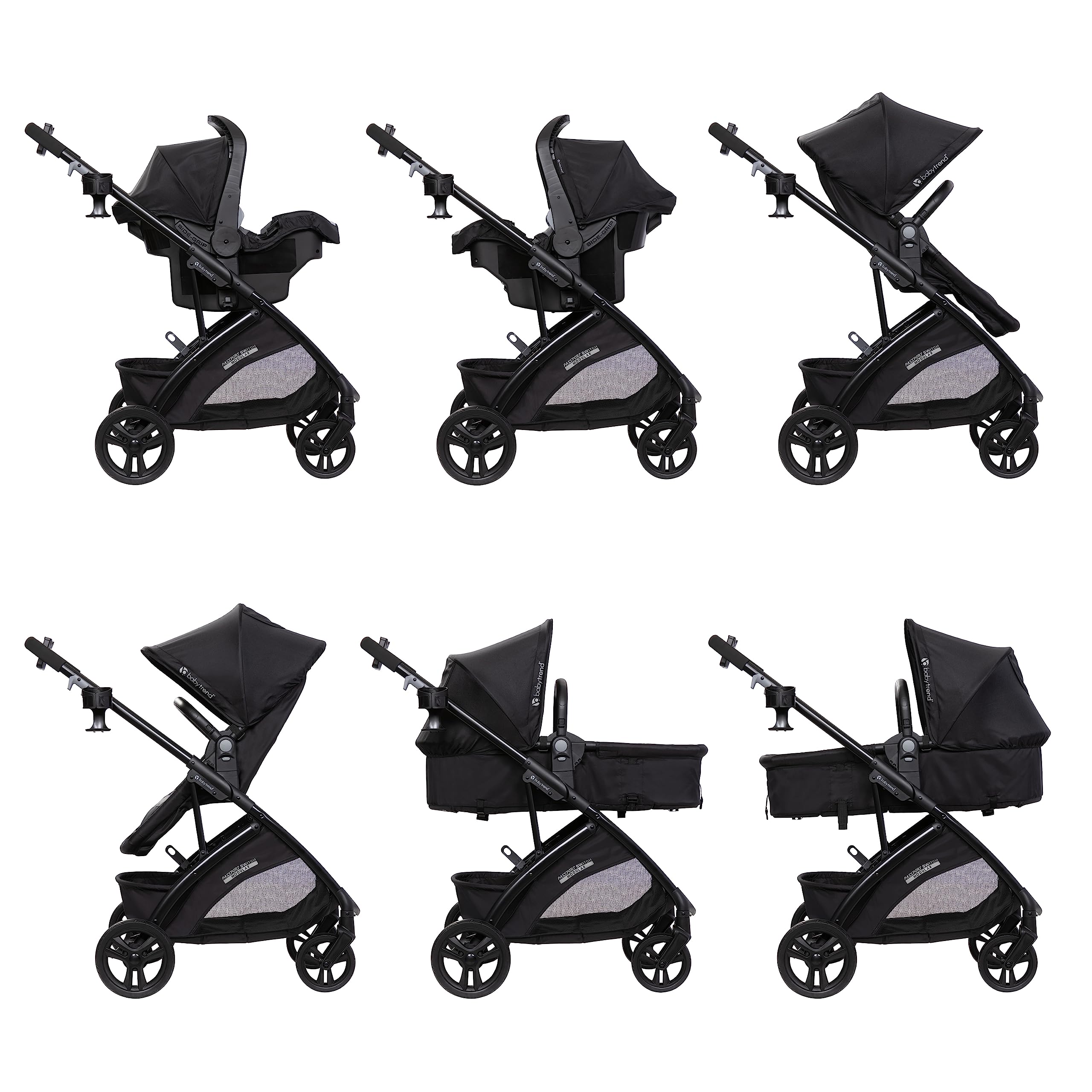 Baby Trend Passport Switch 6-in-1 stroller with EZ-Lift infant car seat in dash black, featuring a sleek black frame and versatile design.